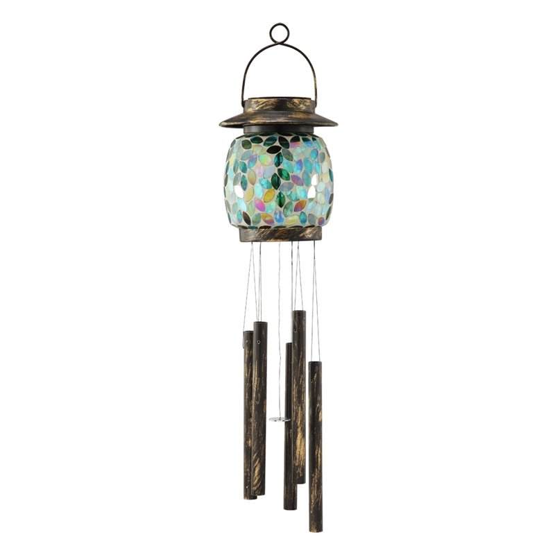 MOSAIC GLASS BLUE WINDCHIME WI: Mosaic Glass Blue Windchime wi - Weight: 2.3 Lbs - Size: 28"H 6.5"W 6.5"D - Material: SHEET METAL GLASS