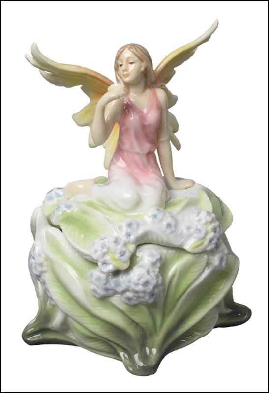 FAIRY ON BLUEBELL TRINKET BOX: Fairy On Bluebell Trinket Box - Material - Fine Porcelain - Size - (h) 5 1/4
