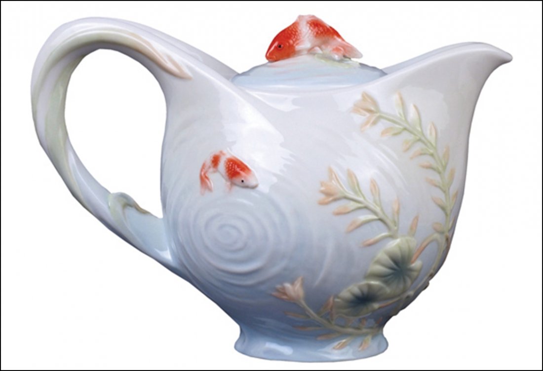 KOI IN LOTUS POND TEAPOT: Koi In Lotus Pond-teapot - Material - Fine Porcelain - Size - (l) 6 7/8