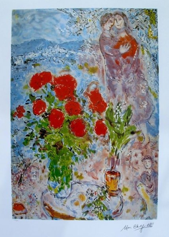 MARC CHAGALL RED BOUQUET WITH LOVERS LIMITED ED.: This Is A Marc Chagall Lithograph Titled "red Bouquet With Lovers". This Is Facsimile Signed And Pencil Numbered From A Limited Edition Of 500. Image Measures 27" X 18¾" On 34" X 23" Paper. Printed O
