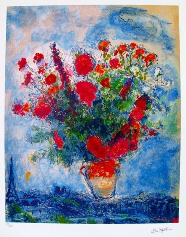 MARC CHAGALL BOUQUET OVER PARIS LIMITED ED. SMALL: Marc Chagall Limited Edition Giclee Titled "bouquet Over Paris". This Subject Is Facsimile Signed Which Means It Has A Copy Of Chagall's Signature. Numbered From A Limited Edition Of 375. Image Measur