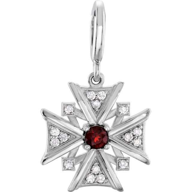 VINTAGE-INSPIRED CROSS DANGLE CHARM: VINTAGE-INSPIRED CROSS DANGLE CHARM - 14Kw / Complete With Stones / Charm / Mozambique Garnet & Diamond / P / Charm - Weight: 2.18DWT - GramWeight: 3.39