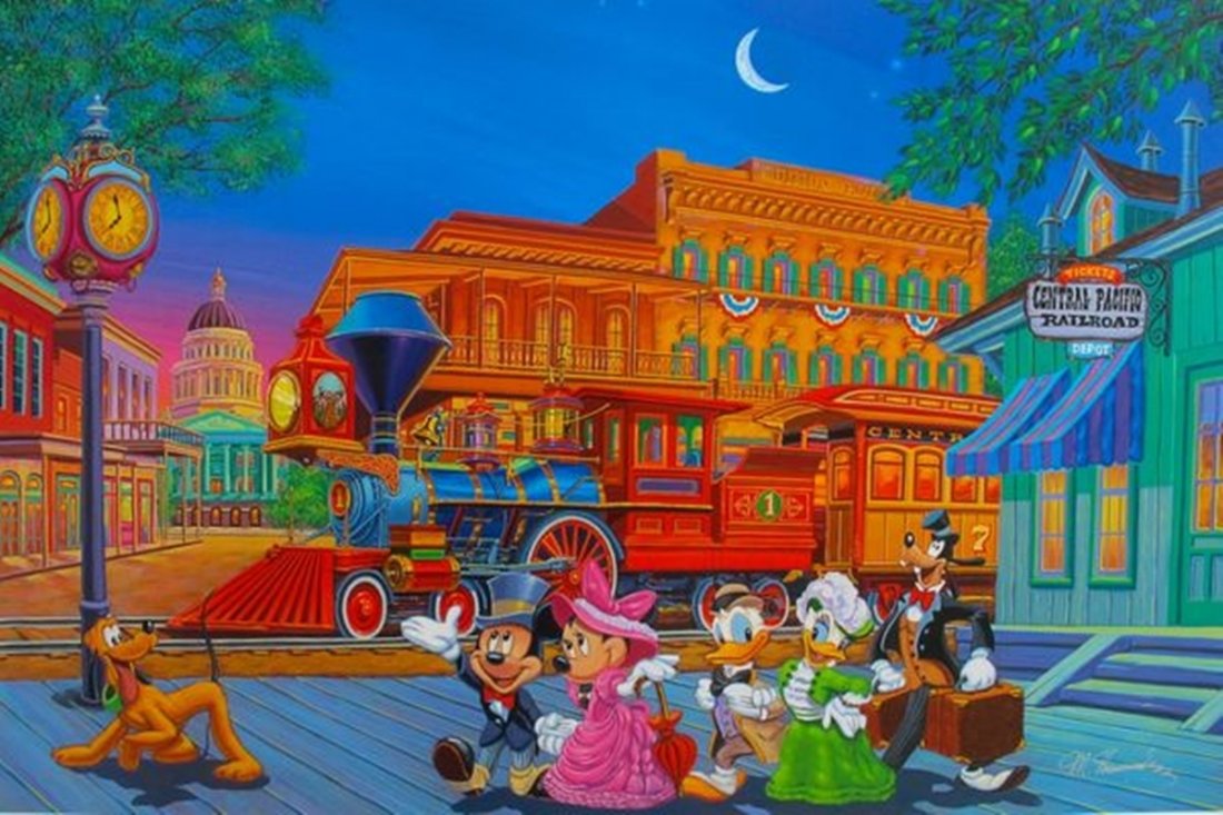 MANNY HERNANDEZ DISNEY "ARRIVING IN STYLE" HAND SIGNED: You Will Be Bidding On A Hand Signed Original Mixed Media Serigraph Print By Manny Hernandez Titled "arriving In Style". This Beautiful Vibrant Art Piece Features Goofy, Pluto, Donald & Daisy Duck, Mi
