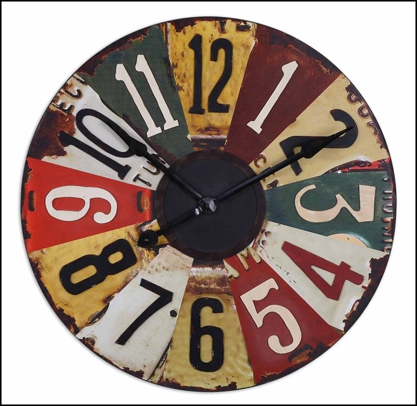 VINTAGE LICENSE PLATES 29" WALL CLOCK: Vintage License Plates 29" Wall Clock - Material: MDF - Overall Depth: 2 Inches - Overall Width: 28.875 Inches - Overall Height: 28.875 Inches - Weight: 9 Lbs. - Description: This Colorful Clock Face 