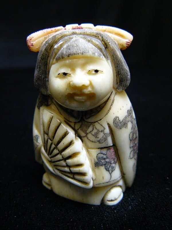 ANTIQUE BONE NETSUKE: Antique Bone Netsuke - Long: 1.5", Deep: 1", High: 2". - This Is Japanese Netsuke. All Hand Carved From One Solid Piece Of Cow Bone. Hand Painted With Signature On The Bottom. There Are 2 Holes On The