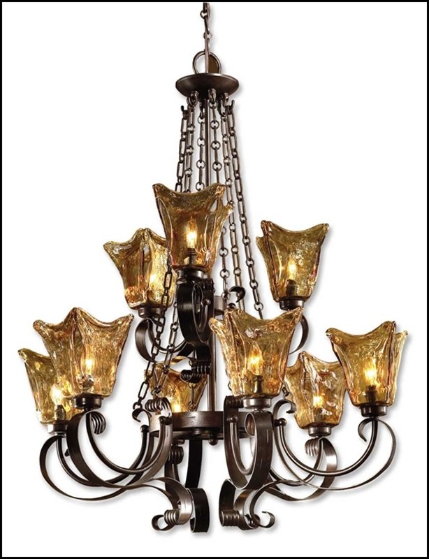 VETRAIO 9LT OIL RUBBED BRONZE CHANDELIER: Vetraio 9Lt Oil Rubbed Bronze Chandelier - Voltage: 110 - Material: Metal & Brass & Glass - Overall Depth: 31 Inches - Overall Width: 31 Inches - Overall Height: 38 Inches - Weight: 50 Lbs. - Diameter