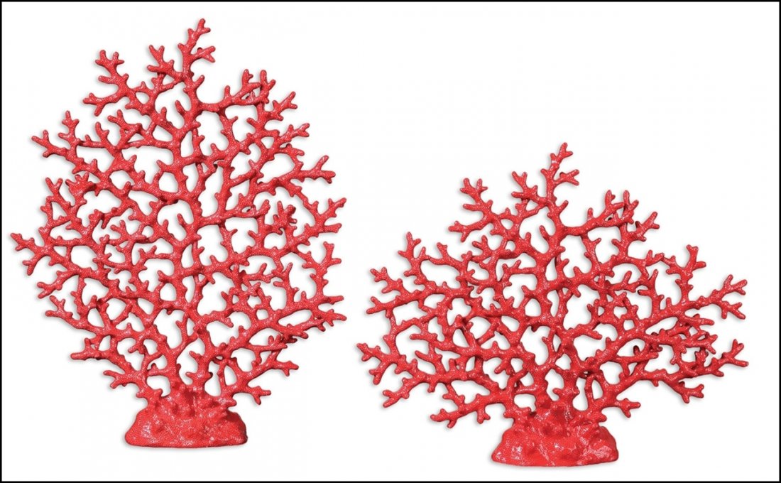 RED CORAL SCULPTURE SET/2: Red Coral Sculpture Set/2 - Material: POLYRESIN - Overall Depth: 2.75 Inches - Overall Width: 14.625 Inches - Overall Height: 19 Inches - Weight: 8 Lbs. - Description: Vibrant, Bright Red Finish. Size