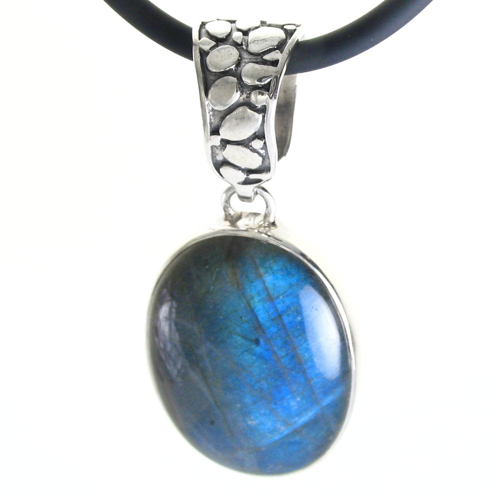 LABRADORITE FROM FINLAND: Labradorite From Finland---length: 16" Black Fashion Cord Necklace-metal: Handcrafted Sterling Silver-stones: Labradorite - Finland-measures: 2" Tall X 1" Wide