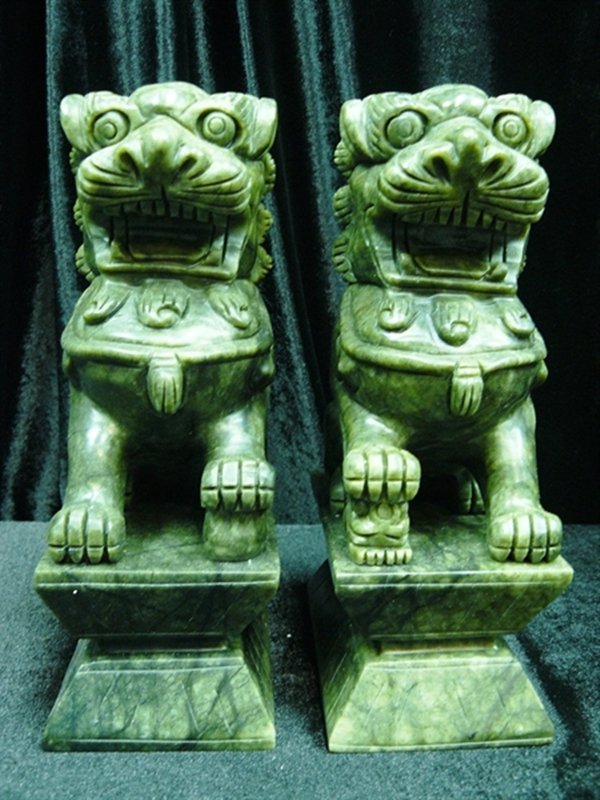 PAIR OF 10" GREEN JADE FOO DOGS: Pair Of 10" Green Jade Foo Dogs - Wide: 3.5", Deep: 5.5", High: 10" - This Pair Of Foodogs Is Made From Solid Piece Of Green Jade. Foodog Is The Ancient Lion. They Come In A Pair, A Male And Female. T