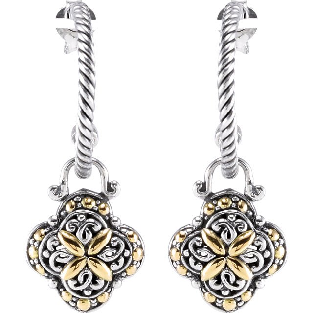 DESIGN FASHION HOOP EARRINGS: DESIGN FASHION HOOP EARRINGS - Ster_18Ky / Pair / P / Hoop Ear W/A Flower Shaped Dng - Weight: 3.94DWT - GramWeight: 6.13