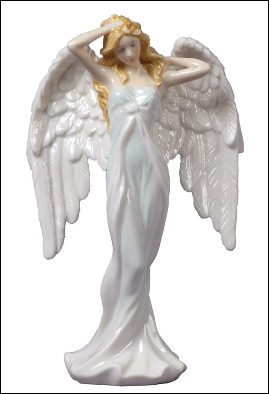GUARDIAN ANGEL ANGEL STROKING HER HAIR (LIGHT GREEN): Guardian Angel - Angel Stroking Her Hair (light Green) - Material - Fine Porcelain - Size - (h) 9 1/8