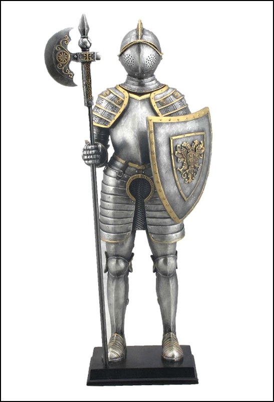 MEDIEVAL ARMOR WITH POLLAXE AND SHIELD: Medieval Armor With Pollaxe And Shield - Material - Poly Stone - Size - (h) 13 3/8