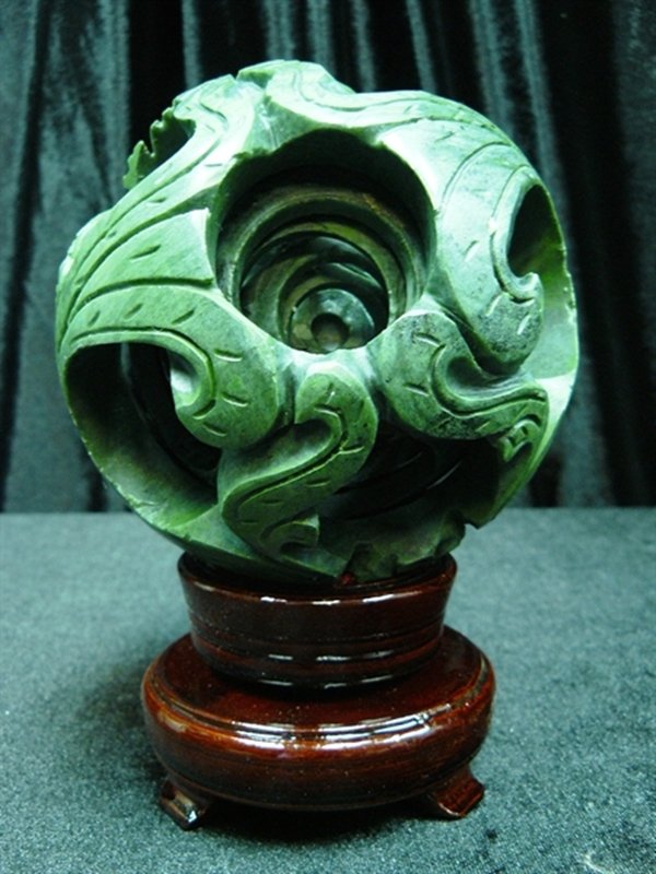REAL JADE 5 LAYERS PUZZLE BALL: Real Jade 5 Layers Puzzle Ball - Wide: 5", Deep: 5", High: 7" - This Wonderful Piece Of Work Is Made Of Real Jade. In One Piece Of Solid Jade, We Carved In A Few Layers And It Is Carved From Inside Ou
