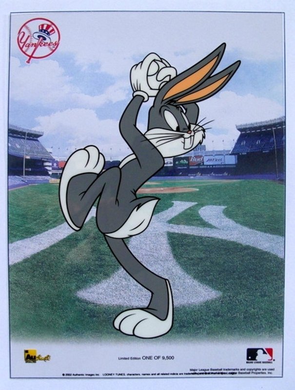 WARNER BROS BUGS BUNNY NY YANKEES BASEBALL ANIMATION: This Is A Limited Edition Sericel Of Warner Bros Looney Tunes Bugs Bunny. This Fantastic Animation Features Bugs Pitching A Baseball As He Appeared In The 1970's Cartoons. This Cel Measures 8 By 6 Inc