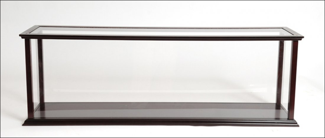 DISPLAY CASE FOR CRUISE LINER MID: Display Case for Cruise Liner Mid - Length: 38.5" x Width: 9.5" x Height: 16" - This beautiful display case was made out of hard wood and painted in dark mahogany color. It has distinctive designs tha