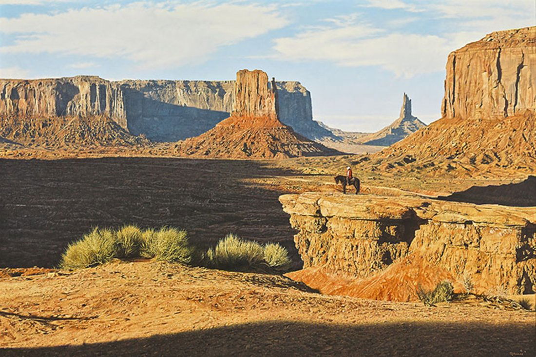 SHADOWS OF THE WEST - DENIS MILHOMME: Shadows Of The West - Denis Milhomme - Hand Signed - Limited Edition Canvas - Image Size: 36"w X 24"h. Edition Size:45 - Thanks to director John Ford and actor John Wayne, Monument Valley on the Navaj