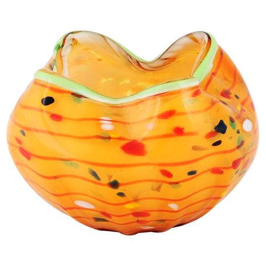 HAND BLOWN - AMBER CANDLE HOLDER WITH MULTI-COLOR DOTS: Hand Blown Art Glass - Amber Candle Holder With Multi-color Dots - - This Is A Hand Blown One-of-a-kind Piece Of Art Glass. As Such, Color And Pattern Variations Should Be Expected.