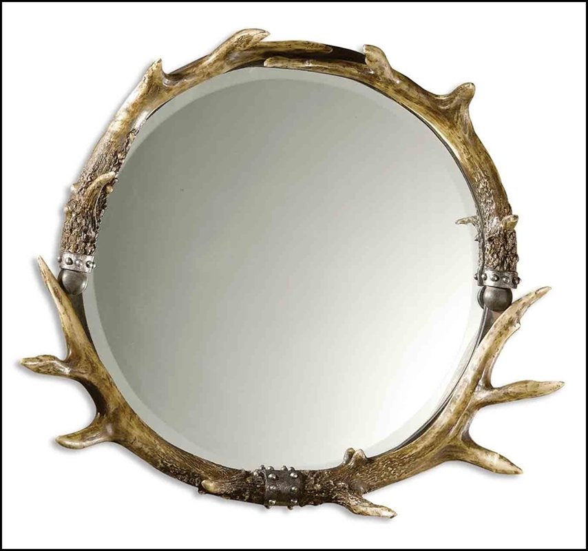 STAG HORN ROUND MIRROR: Stag Horn Round Mirror - Material: Urethane - Overall Depth: 6 Inches - Overall Width: 26 Inches - Overall Height: 24 Inches - Mirror/Glass Depth: 0.187 Inches - Mirror/Glass Width: 19.5 Inches - Mirr