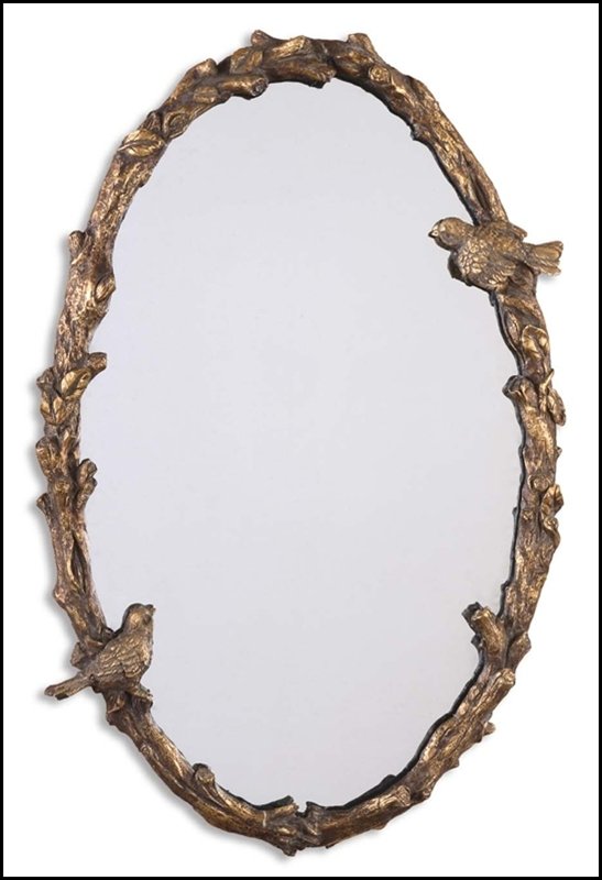 PAZA OVAL VINE GOLD MIRROR: Paza Oval Vine Gold Mirror - Material: Iron, Resin, MDF, Glass - Overall Depth: 3 Inches - Overall Width: 22 Inches - Overall Height: 33.75 Inches - Mirror/Glass Depth: 0.187 Inches - Mirror/Glass Wid