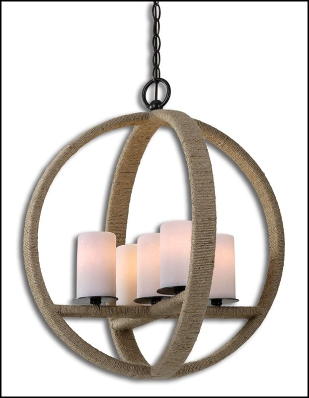 GIRONICO ROUND 5 LIGHT PENDANT: Gironico Round 5 Light Pendant - Voltage: 110 - Material: Metal, Glass, Rope - Overall Depth: Inches - Overall Width: Inches - Overall Height: 23.5 Inches - Weight: 21 Lbs. - Diameter: 20 Inches - Des