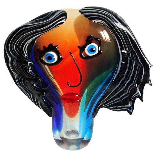 HAND BLOWN - BLUE/RED PICASSO WITH HAIR BOTH SIDES: Hand Blown Art Glass - Blue/red Picasso With Hair Both Sides - Dimensions: W=11" H=11" - This Is A Hand Blown One-of-a-kind Piece Of Art Glass. As Such, Color And Pattern Variations Should Be Expected