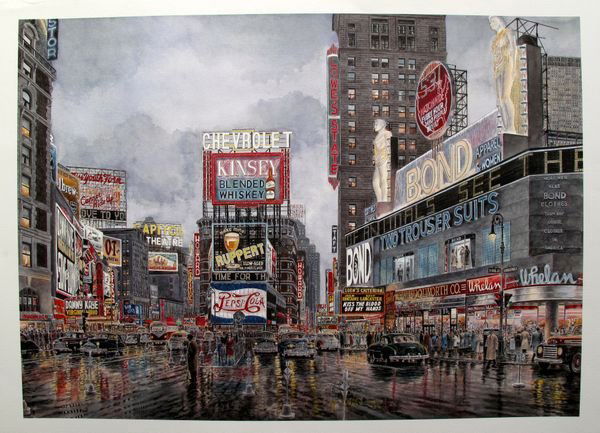 STANTON MANOLAKAS TIMES SQUARE NEW YORK PLATE SIGNED: This Is A Beautiful Iris Giclee Titled "times Square, Crossroads Of The World Circa 1949" By Stanton Manolakas. The View Of Times Square From 44th St. This Giclee Is Plate Signed By The Artist. Image