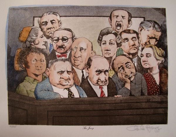 CHARLES BRAGG THE JURY HAND SIGNED COLOR LITHOGRAPH: This Is A Charles Bragg Limited Edition Hand Water Colored Lithograph Titled "the Jury". Medium: Lithograph On Arches. Pencil Hand Signed And Numbered By Charles Bragg Himself. Edition Number: 21/95.