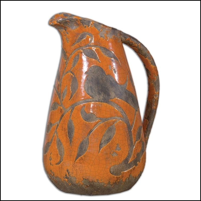 SOM CERAMIC VASE: Som Ceramic Vase - Material: CERAMIC - Overall Depth: 7 Inches - Overall Width: 8.5 Inches - Overall Height: 12 Inches - Weight: 6 Lbs. - Description: Ornate, Ceramic Vase With A Bird And Vine Design 