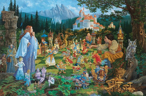 THE CHESS MATCH - JAMES C. CHRISTENSEN: The Chess Match - James C. Christensen - Hand Signed - Limited Edition Print - Image Size: 28 1/2"w X 19"h. Edition Size:500 - There are 1,327 named openings and variations to a match in The Oxford Co