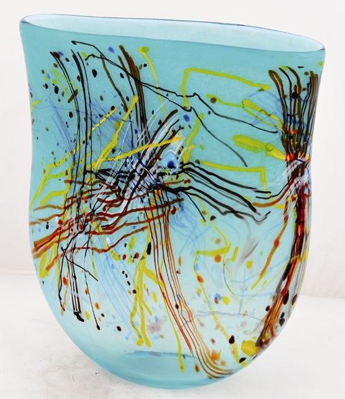 HAND BLOWN - VASE: Hand Blown Art Glass - Vase - Dimensions: W=11.5" H=14"d=3.5" - This Is A Hand Blown One-of-a-kind Piece Of Art Glass. As Such, Color And Pattern Variations Should Be Expected.