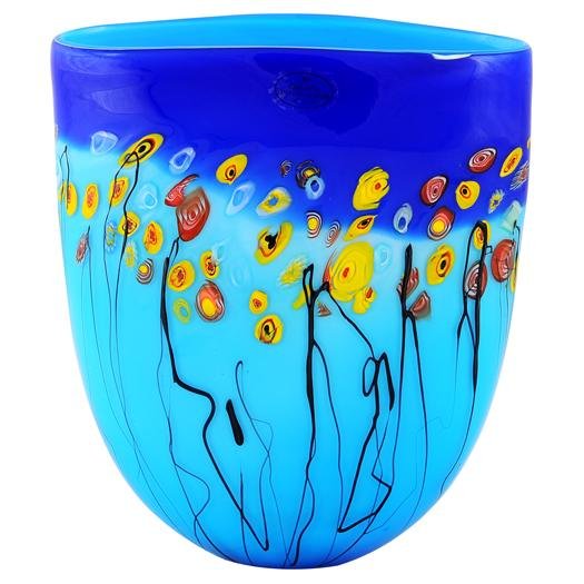 HAND BLOWN - SMALL COBALT ROUND VASE FOR BASKET SET: Hand Blown Art Glass - Small Cobalt Round Vase For Basket Set - Dimensions: W=8" H=10" - This Is A Hand Blown One-of-a-kind Piece Of Art Glass. As Such, Color And Pattern Variations Should Be Expected