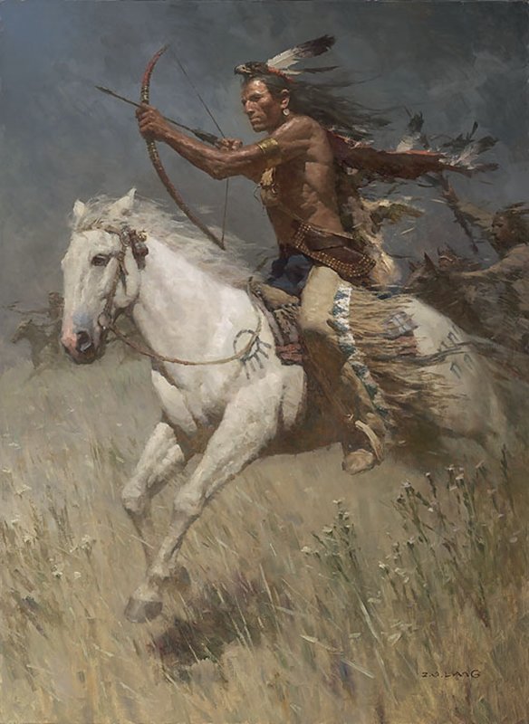 CHARGING THE ENEMY - Z.S. LIANG: Charging The Enemy - Z.s. Liang - Hand Signed - Limited Edition Canvas - Image Size: 21"w X 29"h. Edition Size:25 - Bow strung and at the ready, this warrior leads his fellow braves into battle. The e