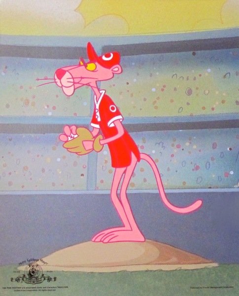 PINK PANTHER BASEBALL PITCHER CEL MGM STAMPED SERICEL: This Is An Exquisite Limited Edition Sericel - Created From An Actual Image Used In The Original Animated Series - With The Official Mgm & United Artist Corporation Trade Mark Seals. This Is Unframed 