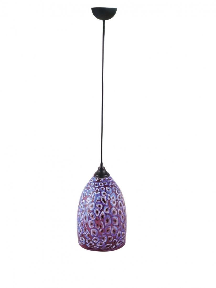 HAND BLOWN - LINE VOLTAGE AQUA MILLIFIORE PENDANT MATTE: Hand Blown Art Glass - Line Voltage Aqua Millifiore Pendant Matte Black Finish. Medium Base 60w - Dimensions: 5x8" - This Is A Hand Blown One-of-a-kind Piece Of Art Glass. As Such, Color And Pattern V