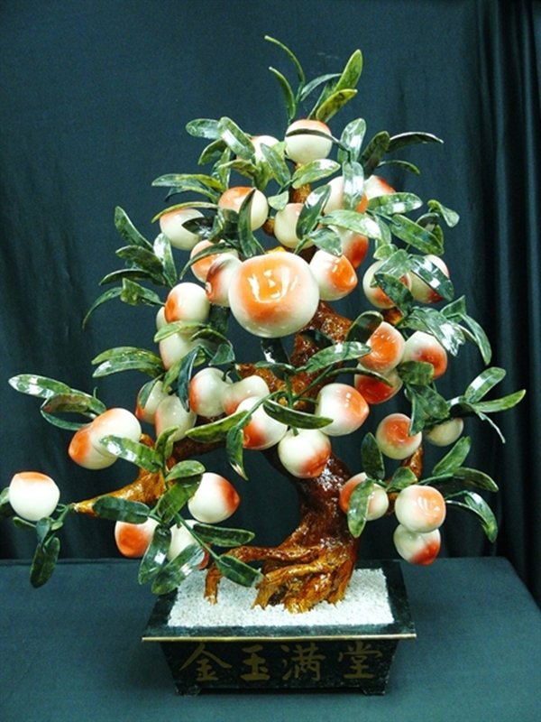 LARGE JADE PEACHES TREE: Large Jade Peaches Tree - Size: Wide 24", High 28", Deep 12" - this Jade Peaches Tree Is Made Of Real Natural Jade. The Leaves Are Made Of Taiwan Jade And The Peaches Are Made Of Southern Jade. The Po