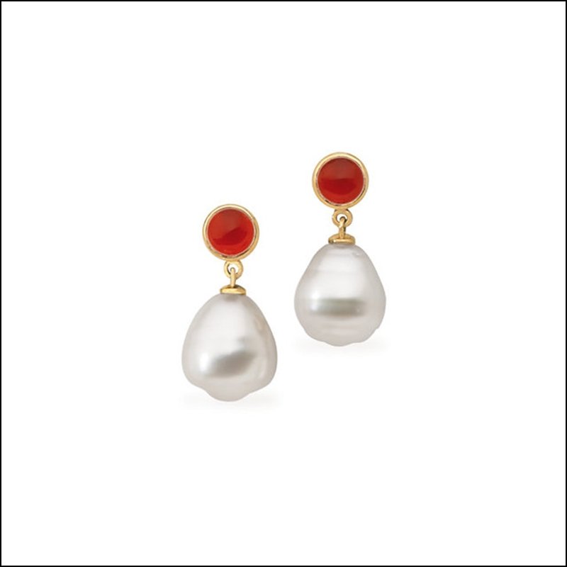 SOUTH SEA CULTURED CIRCLE PEARL & GENUINE CARNELIAN: SOUTH SEA CULTURED CIRCLE PEARL & GENUINE CARNELIAN EARRINGS - 14Ky / Pair 06.00Mm/12.00Mm Fine Cir / P / Pas Ss Cul Pl & Gen Carn Er - Weight: 1.612DWT - GramWeight: 2.51