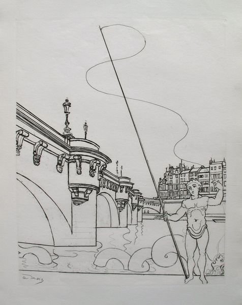 ANDRE DERAIN LE PONT NEUF RESTRIKE ETCHING: This Is A Andre Derain Restrike Etching Titled "le Pont Neuf". Made On Thin Handmade Laid Paper; Signed Signature In The Plate, Lower Left. Image Measures 13" X 10¼" On 17½ X 12½" Paper. In Excelle