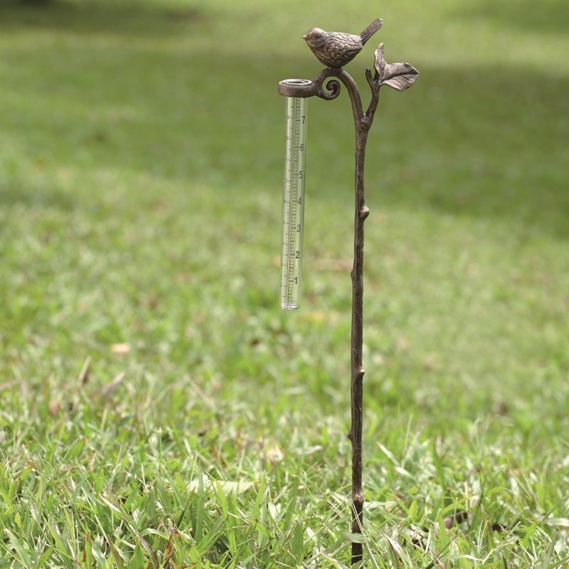 BIRD RAIN GAUGE GARDEN STAKE: Bird Rain Gauge Garden Stake - Weight: 0.7 Lbs - Size: 26"H 5.5"W 1.5"D - Material: ALUMINUM