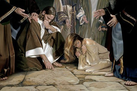 HE THAT IS WITHOUT SIN - LIZ LEMON SWINDLE: He That Is Without Sin - Liz Lemon Swindle - Hand Signed - Limited Edition Print - Image Size: 23"w X 15 3/8"h. Edition Size:750 - Liz Lemon Swindle portrays a Saint John's story about the divine attr