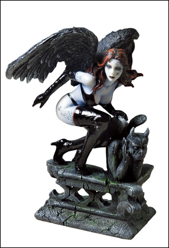 DARK ANGEL ON GARGOYLE HANDRAIL: Dark Angel On Gargoyle Handrail - Material - Poly Stone - Size - (h) 7 1/4