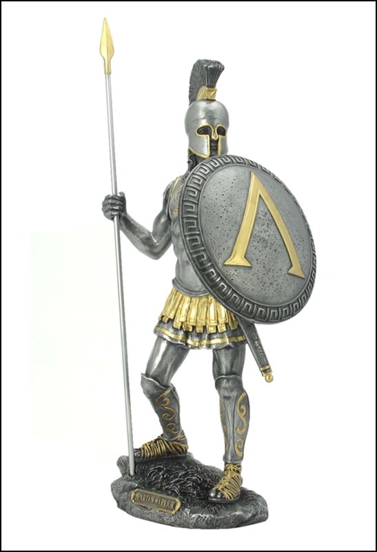 SPARTAN WARRIOR WITH SPEAR AND HOPLITE SHIELD: Spartan Warrior With Spear And Hoplite Shield - Material - Cold Cast Pewter - Size - (h) 14 3/8