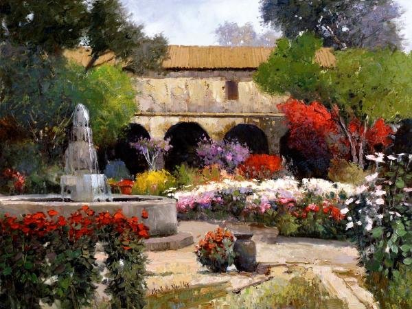 KENT WALLIS - MISSION SURROUNDED BY BEAUTY: Kent Wallis - Mission Surrounded By Beauty - 40 X 30 In. - This Giclée Print Is Gallery Stretched And Ready To Hang Or Lean Against A Wall, Or Display On An Easel. - A Giclée Print Is The Highest Qu