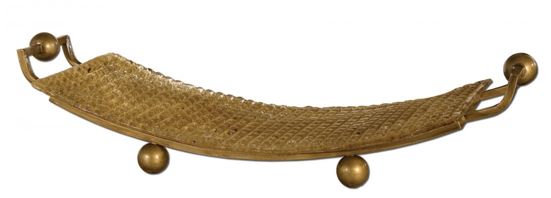 ETRO GOLDEN GLASS TRAY: Etro Golden Glass Tray - Material: Metal & Glass - Overall Depth: 12 Inches - Overall Width: 33.5 Inches - Overall Height: 8 Inches - Weight: 18 Lbs. - Description: Hand Shaped Art Glass With A Golden