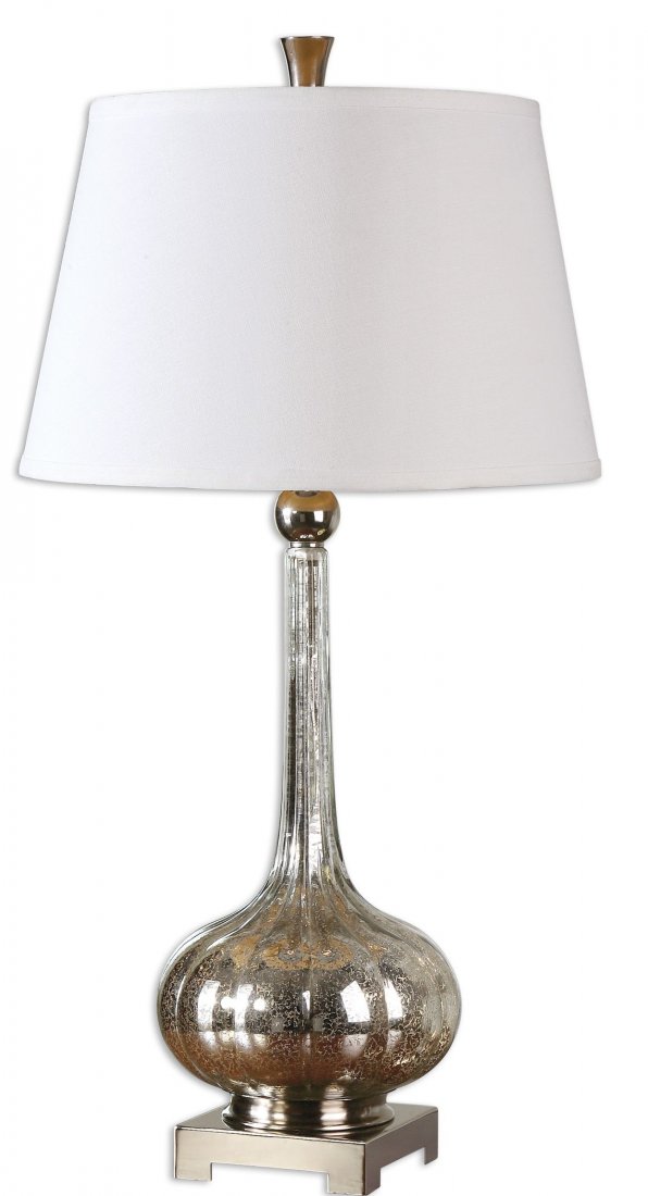 ORISTANO MERCURY GLASS LAMP: Oristano Mercury Glass Lamp - Voltage: 110 - Material: GLASS,METAL, FABRIC - Overall Depth: 17 Inches - Overall Width: 17 Inches - Overall Height: 33 Inches - Weight: 12 Lbs. - Description: Fluted Mer