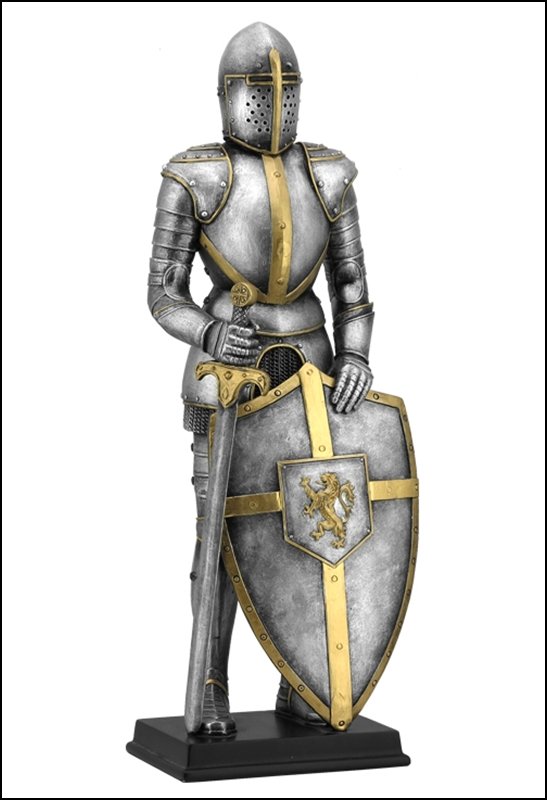 MEDIEVAL ARMOR WITH SWORD AND LION CREST ON SHIELD: Medieval Armor With Sword And Lion Crest On Shield - Material - Poly Stone - Size - (h) 13