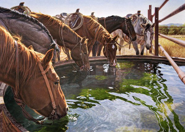 A Well Earned Drink by Tim Cox: A Well Earned Drink by Tim Cox - Edition Size: 15 - Giclee on Canvas - Artist Proof Dimensions: 20 x 28 Release Date: 11-2013 ..........As a young child, Tim Cox vowed he “was going to be a cowboy a