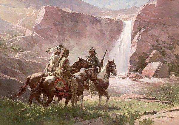 RED ROCK CROSSING, NORTHWEST MONTANA, 1850 - Z.S. LIANG: Red Rock Crossing, Northwest Montana, 1850 - Z.s. Liang - Hand Signed - Limited Edition Print - Image Size: 25 1/2"w X 18"h. Edition Size:50 - These Piegan Blackfeet Warriors are returning to their en