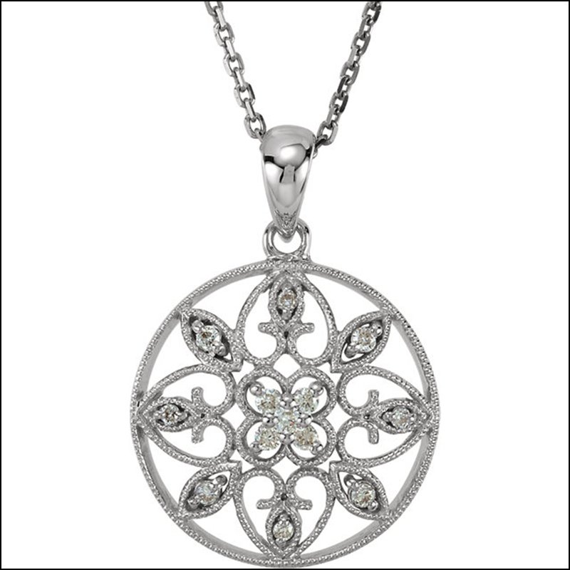 DIAMOND FILIGREE PENDANT OR NECKLACE: DIAMOND FILIGREE PENDANT OR NECKLACE - 14K White / Necklace / Complete With Stone / Round / Various / Diamond / Polished / 1/8Ctw 18 Inch Dia Necklace - Weight: 1.7DWT - GramWeight: 2.64
