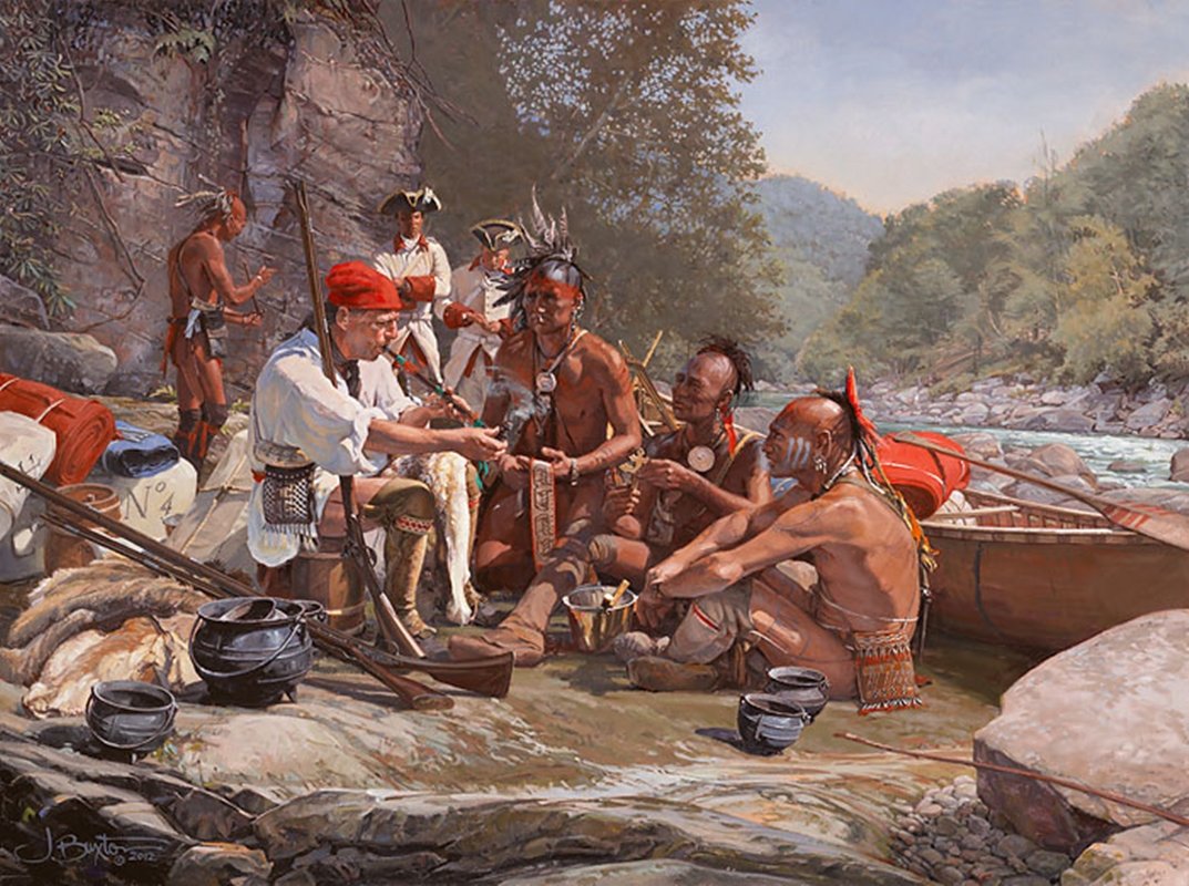 MAKING SMOKE: BUILDING TRADE AND TRUST - JOHN BUXTON: Making Smoke: Building Trade And Trust - John Buxton - Hand Signed - Limited Edition Canvas - Image Size: 24"w X 18"h. Edition Size:35 - Early Eastern fur trade was beneficial to both Native American 
