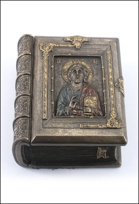 CHRIST PANTOCRATOR BOOK SHAPED TRINKET BOX - COLD CAST: Christ Pantocrator Book Shaped Trinket Box - Material - Cold Cast Bronze - Size - 4 1/4